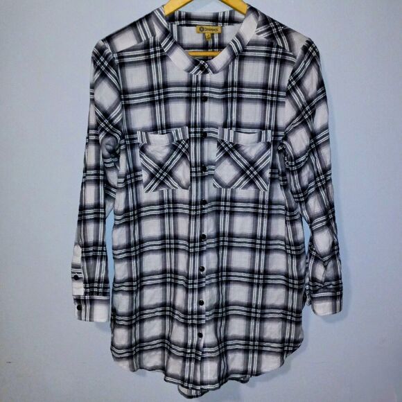 Democracy Small Black Plaid Flannel Tunic-Mandarin Collar-Pockets-Side Vents - Picture 1 of 8